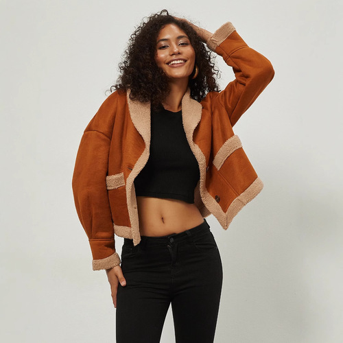 Women's winter collared leather and fur lined loose warm thick insulated coat top