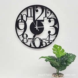 现代手工铁艺墙面钟圆形数字创意钟表时尚挂饰静音钟旋压铁艺挂钟