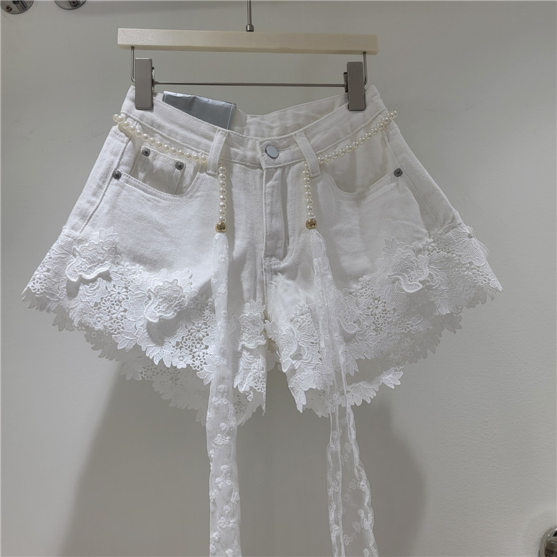 Pantalones Cortos de Mezclilla con Bordado y Encaje Incluye Cinturón para Mujer