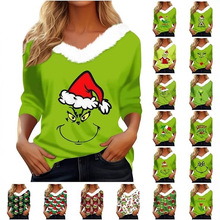 亚马逊跨境外贸女装 秋冬圣诞格林奇绿毛怪3d印花毛领保暖打底衫