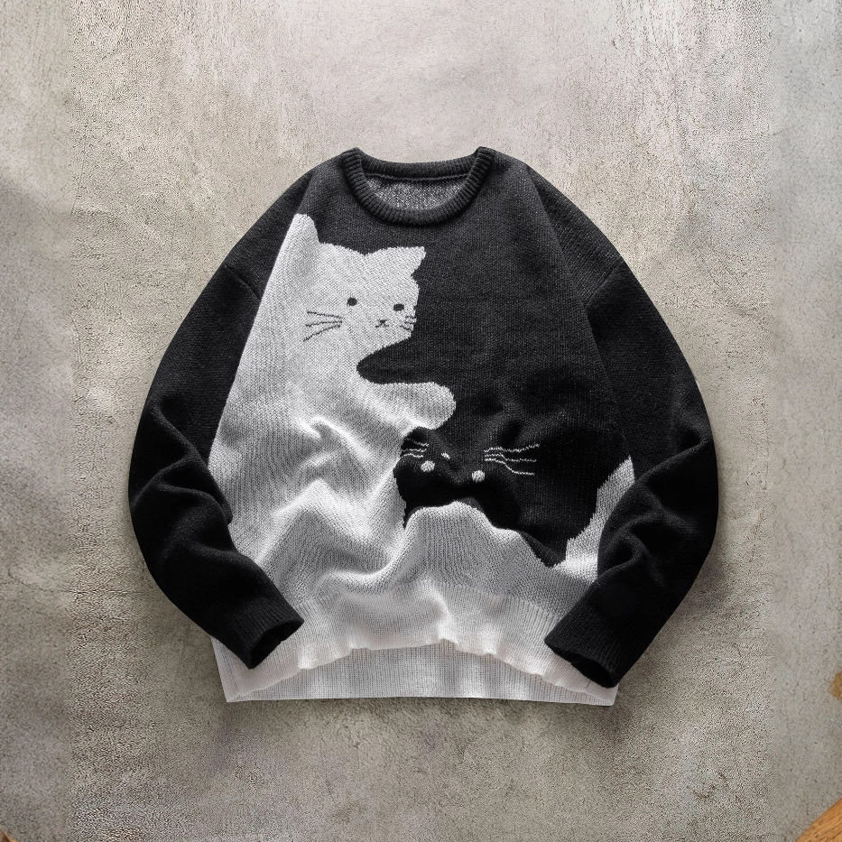 Cross-Border Korean-Style Lazy Design Sweater with Cat Pattern, Round Neck Knitwear, Autumn and Winter Pullover Long-Sleeve Sweater