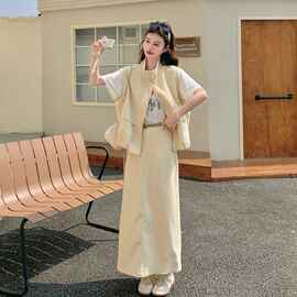 简约风黄色马甲两件套女2026春新款韩系半身裙工装风休闲无袖套装