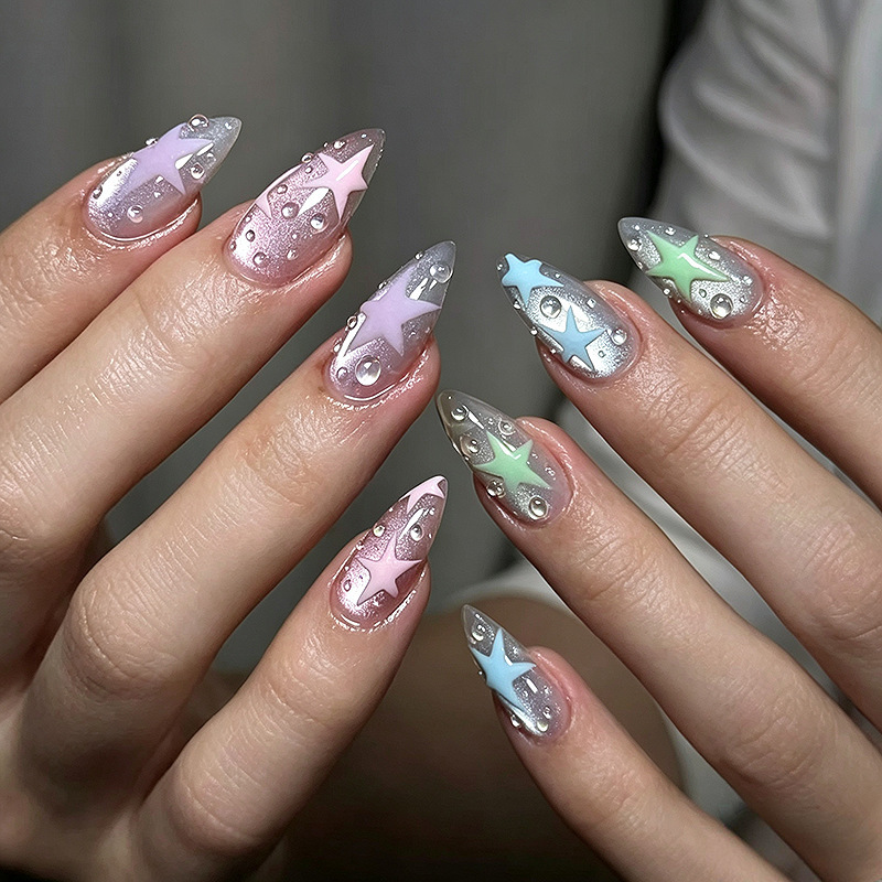 30 pieces of macaron-colored star bubble cat-eye press-on nails, finished fake nails, wholesale pre-made nails 30 pieces of macaron-colored star bubble cat-eye press-on nails, finished fake nails, wholesale pre-made nails