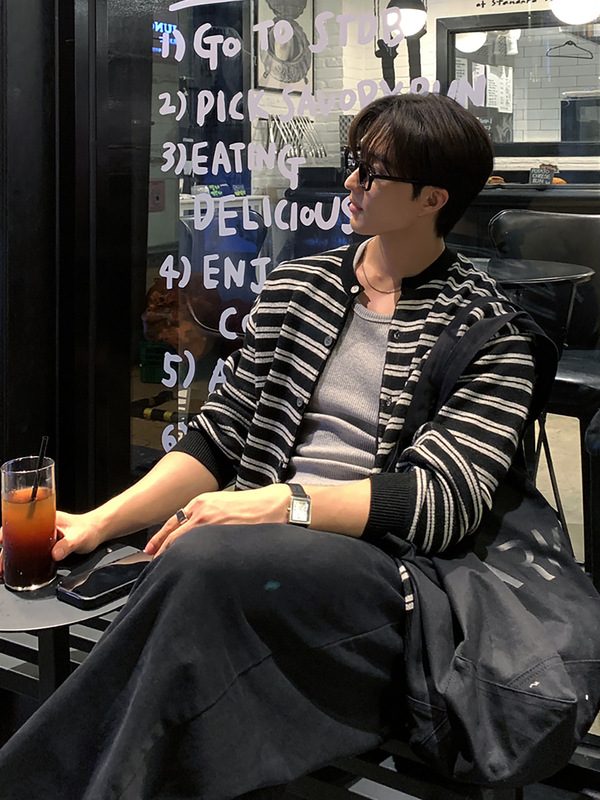 ASCLO秋冬条纹毛线开衫韩版宽松极简风毛衣薄外套小众通勤针织衫|undefined