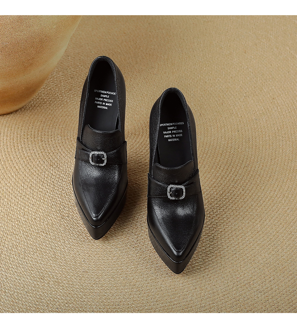 Giày cao gót nữ mũi nhọn gót siêu cao 12 cm đế dày da thật — Đen mờ, Da đen chi tiết 15