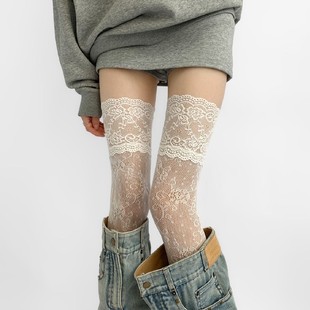 Spring and Summer Pure Lust Style Lace Boots Socks Retro Floral Fishnet Socks with Boots White Colorful Over-The-Knee Socks for Women