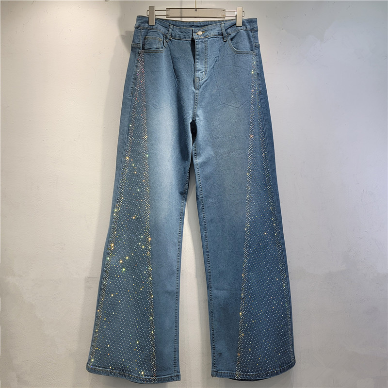 Brillante lateral diseño de taladro caliente jeans elásticos de primavera de mujer nuevos pantalones de piernas largas de cintura alta sueltos delgados