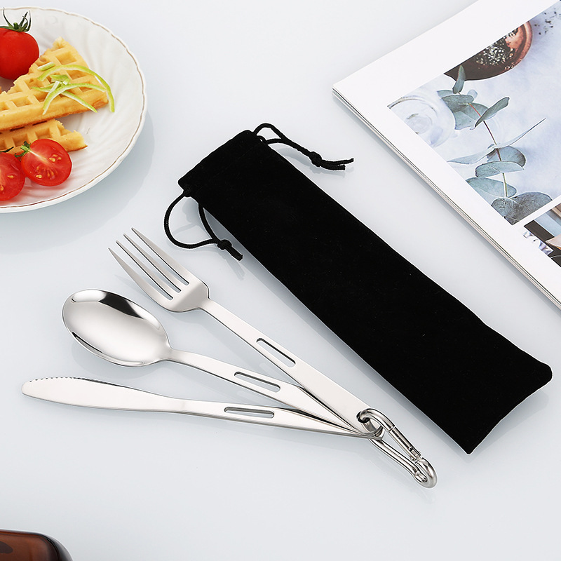 Cross-border stainless steel portable cutlery set for outdoor hiking and camping, student knife, fork, and spoon with storage bag, gift cutlery set