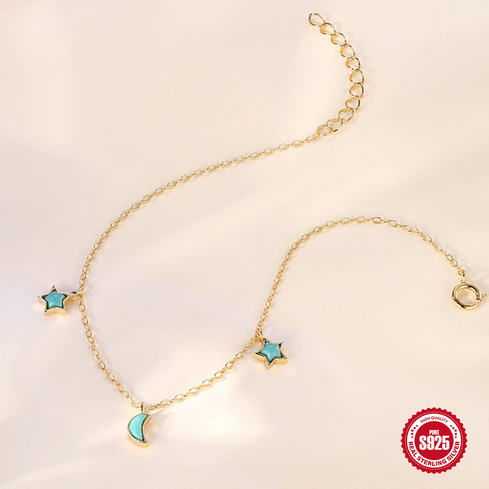 Nuevo S925 plata esterlina estrella luna mezcla y combinación pulsera turquesa sin golpear traje de aretes de anillo de todo fósforo personalizado