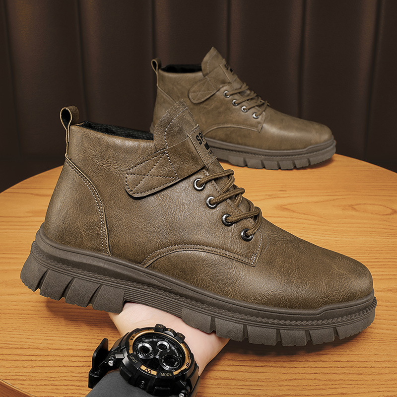 Autumn and Winter leather boots men's labor protection shoes casual work shoes high-top overalls boots all-match mid-Top Martin boots warm fashion