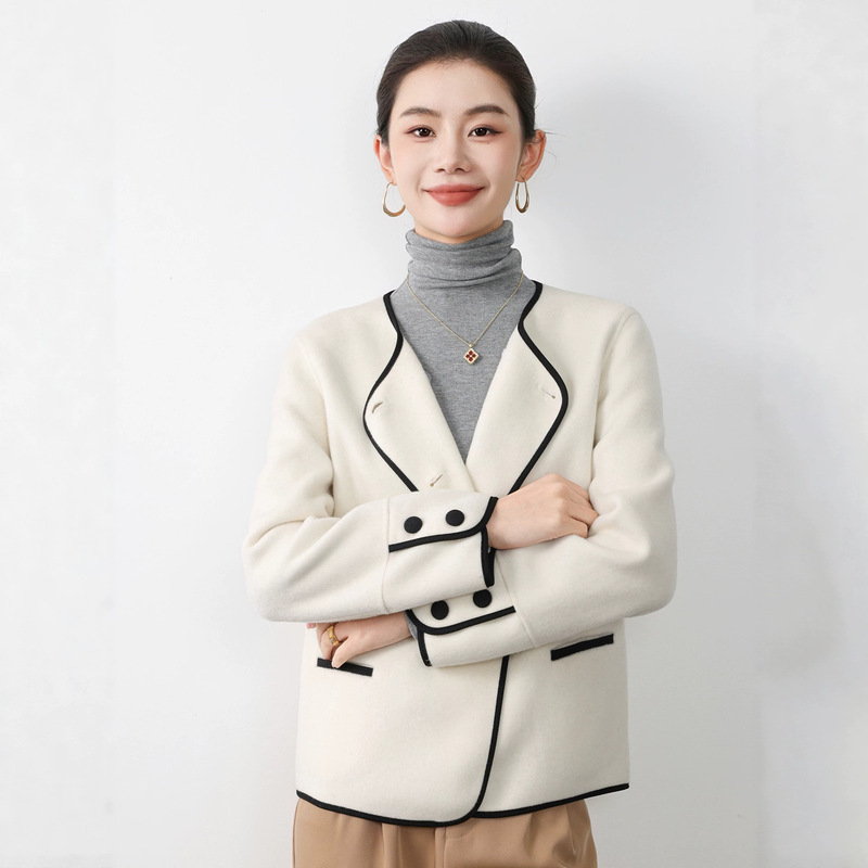 2026 Spring Chanel-style double-faced wool coat for women, short, elegant, Korean-style, round-neck woolen jacket, versatile new style