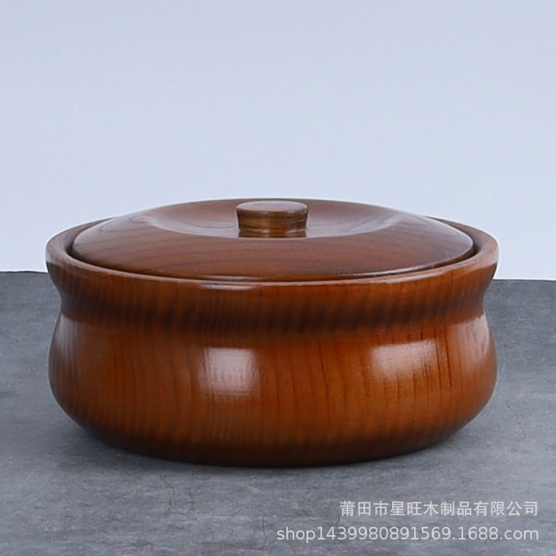 Suministro directo de fábrica de madera maciza japonés y coreano tazón de fideos instantáneos madera entera excavación tazón de madera grande con tapa anti-escaldado tazón de ensalada redonda en stock