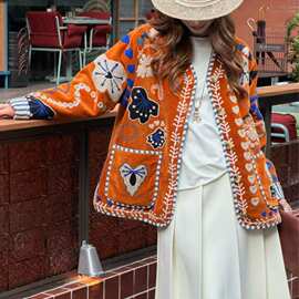 剪标  丝绒贴布立体刺绣 廓形条纹内衬外套