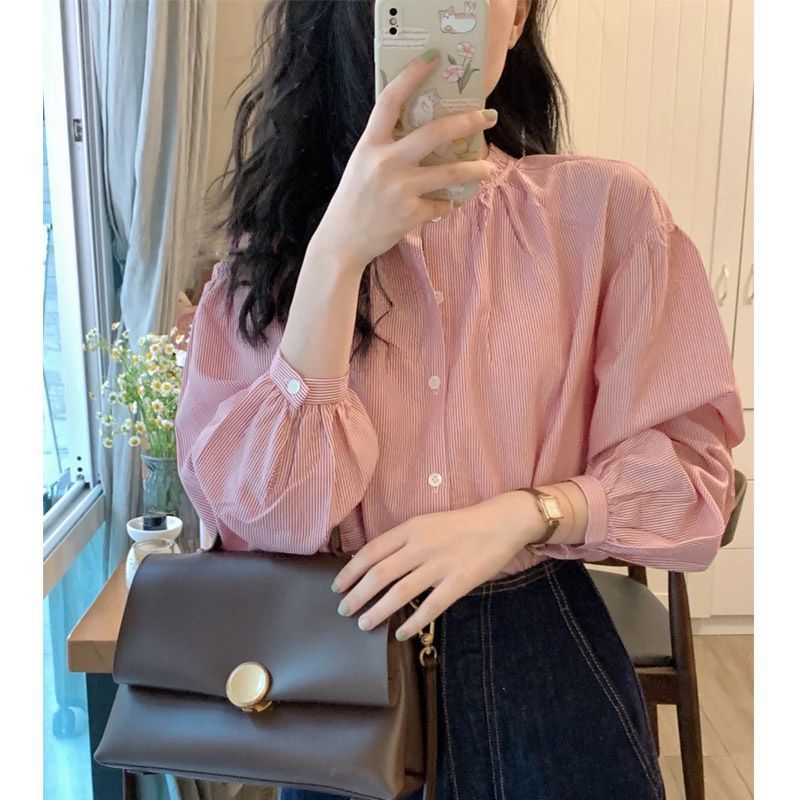 1688卸売り天糸縞シャツ女性デザイン感小衆フランス高級感シャツの小柄なユニークな上着|undefined