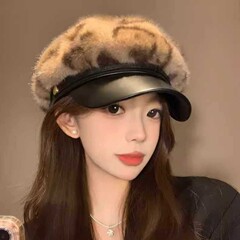 韩版高级感气质豹纹鸭舌帽秋冬季帽子女款百搭加绒帽显脸小报童帽