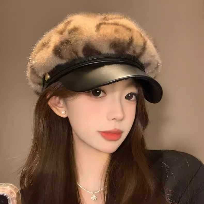 韩版高级感气质豹纹鸭舌帽秋冬季帽子女款百搭加绒帽显脸小报童帽|undefined