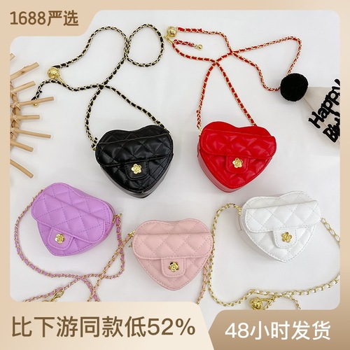 New rhombus embroidery children's bag for summer, fashionable and versatile love chain bag ins girl's shoulder crossbody bag