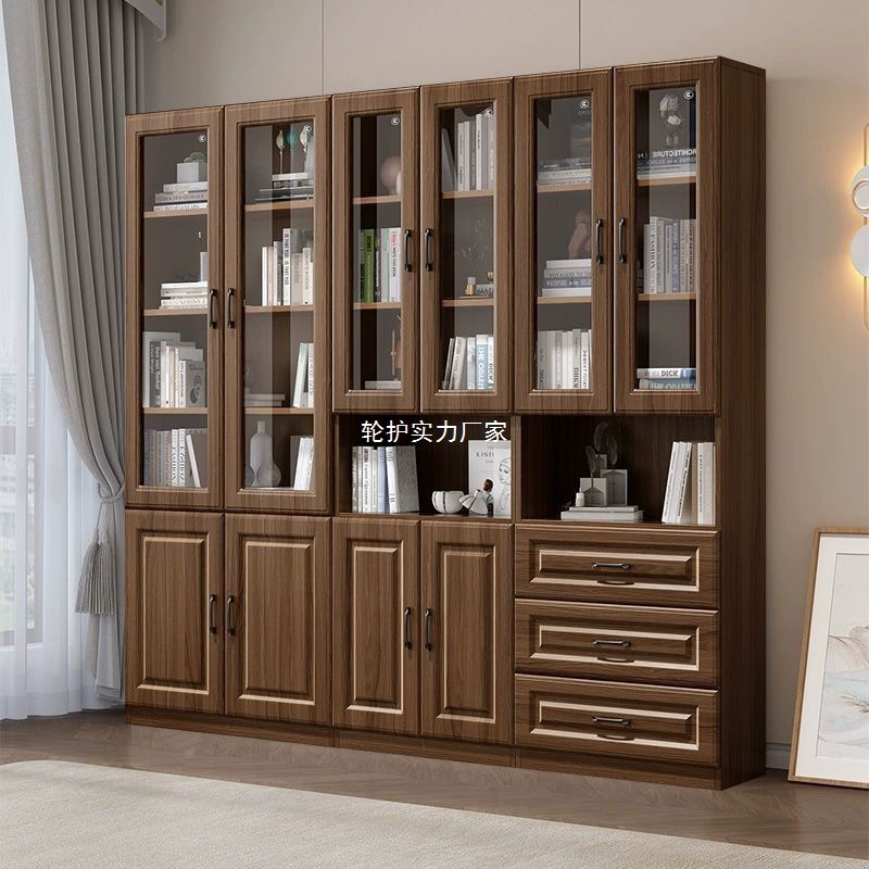 Книжный шкаф из цельного дерева, современная минималистичная гостиная со стеклянной дверью, пылезащитный шкаф, напольный книжный шкаф большой емкости для хранения