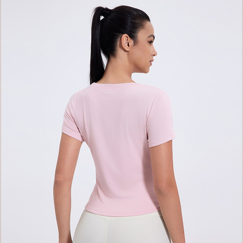 Yuejia Spring and Summer Round Neck Gathered Bottoming Shirt Casual Sports Short Sleeve Slim Fitness Yoga Wear Sports Top for Women