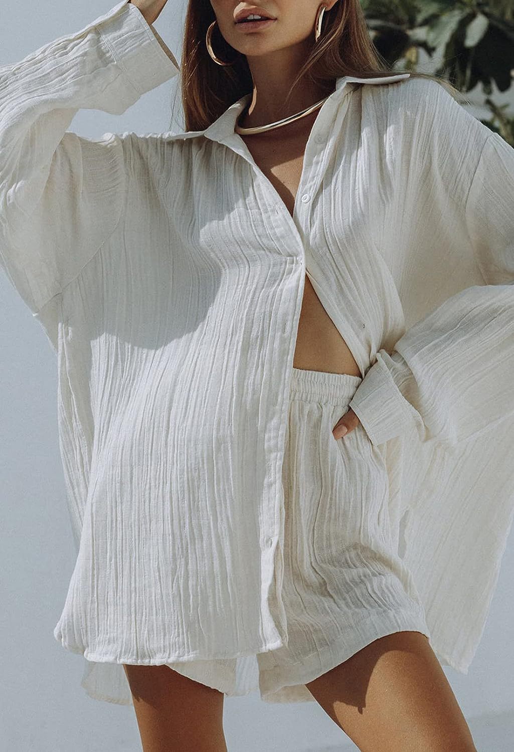 European American Style Women's Casual Two-Piece Set 2023 Summer New Long Sleeve Shirt Top And Shorts Sports Suit_ecoleips.com
