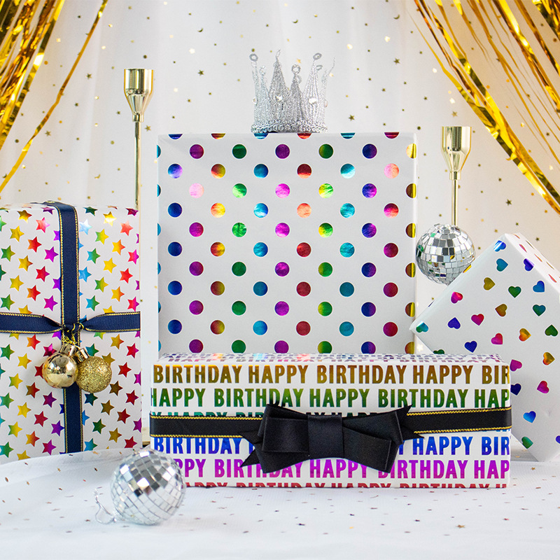 跨境厂家七彩烫金圆点铜版纸生日礼盒包装纸礼物高档精美礼品包装