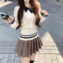 漫高角色卡/miu系学院真两件套polo撞色毛衣上衣+百褶裙甜美风 潮