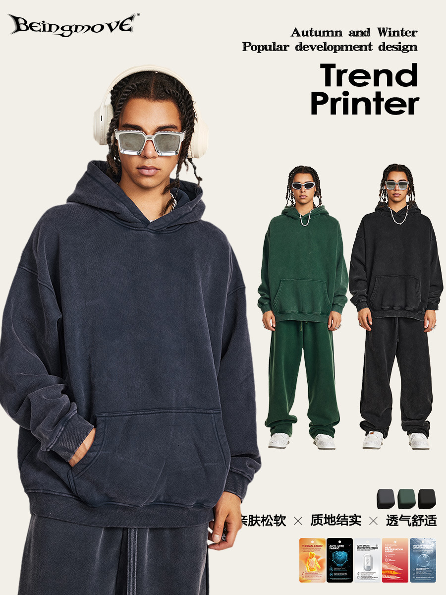 2025 Otoño e Invierno Marca de moda retro europea y americana terciopelo suelto engrosado cálido transfronterizo lavado deportes sudadera con capucha de moda para hombres
