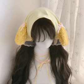 超甜!!Lolita配饰饼饼法式田园头巾女蕾丝海边百搭丝巾发带绑发