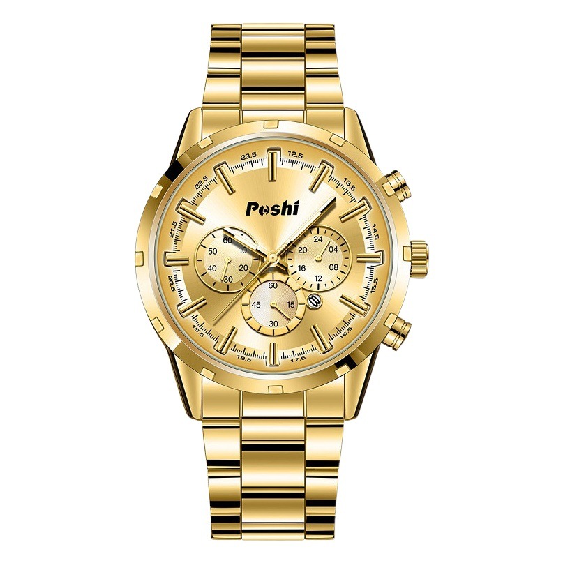 PoshiI transfronterizo nuevo calendario falso Tres-ojo decorativo impermeable luminoso movimiento de cuarzo de los hombres correa de acero reloj de los hombres