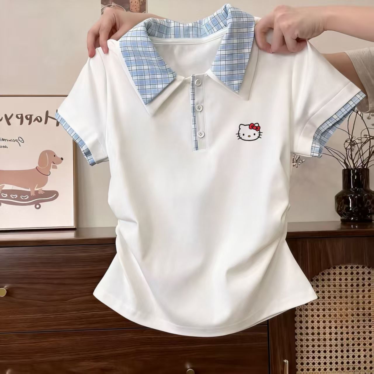 Korean style girls' sweet plaid bow polo shirt, all 100 short-sleeved T-shirts, summer 2026 new style with pleats.