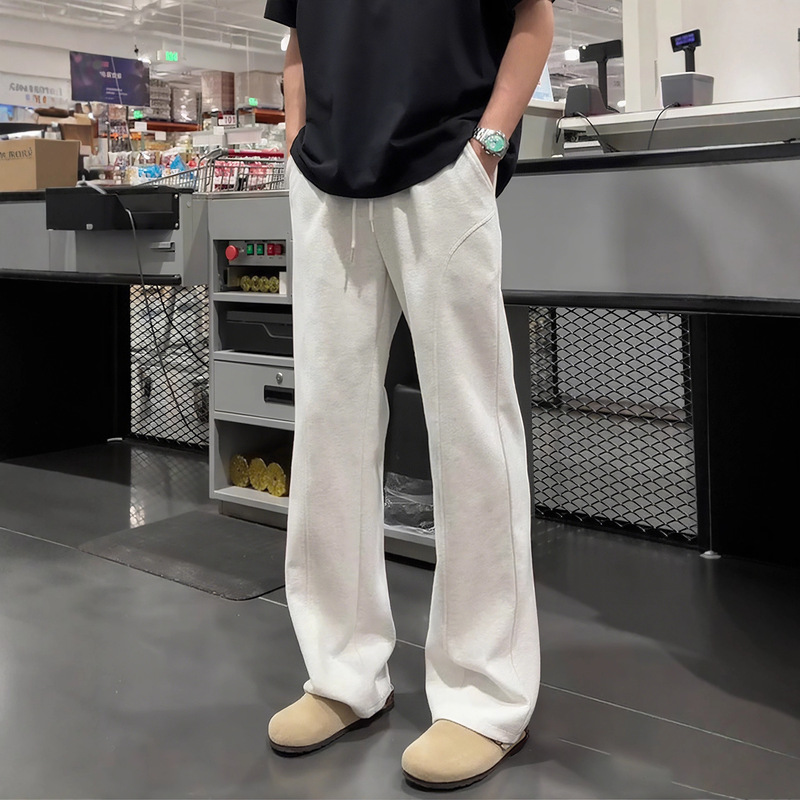 American-Style White-Gray Scimitar Sweatpants for Men, Autumn Drapey Diagonal Straight-Leg Pants, High-Waisted, Leg-Lengthening, Slightly Flared Pants