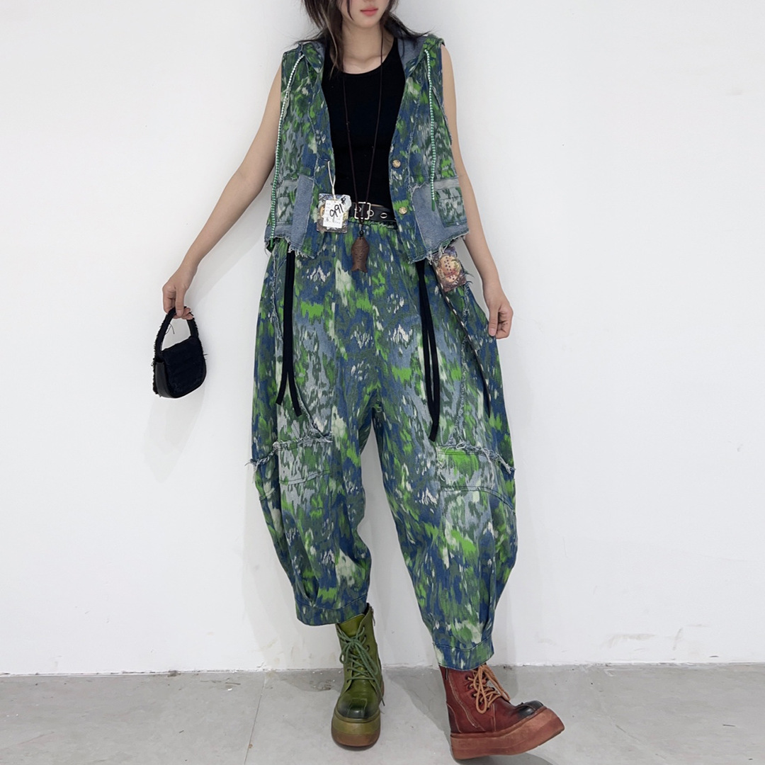 2025 primavera y otoño nuevo estilo de impresión de moda moda cool empalme chaleco con capuzas mujeres suelta delgada con clip de caballo superior