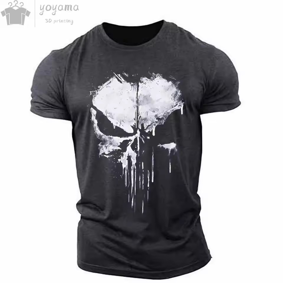 Moda venta caliente tinta calavera graffiti impresión 3D hombres verano calle moda hombro redondo cuello redondo camiseta de manga corta