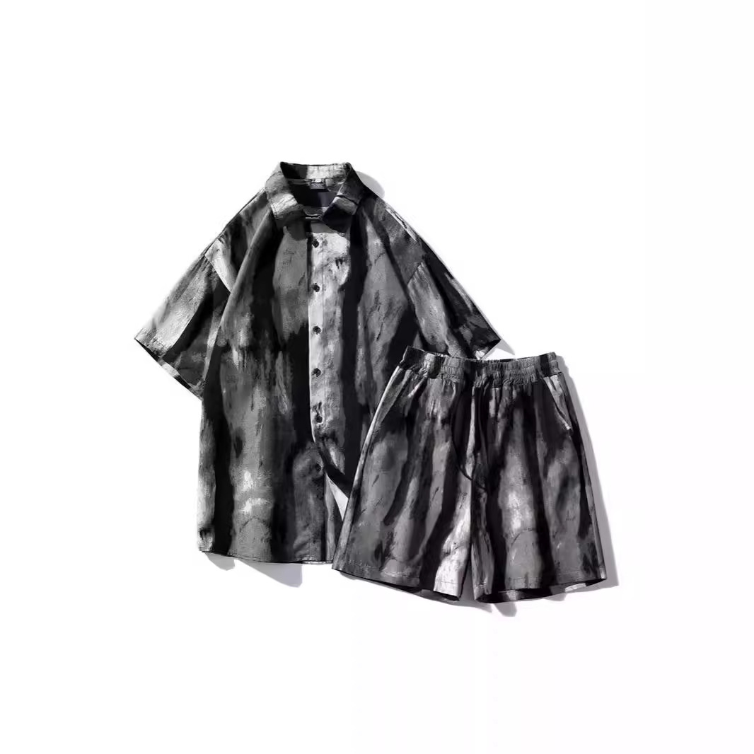 하이 퀄리티 아이스 실크 셔츠 세트 남성용 싼야 윈드 비치 세트 여름 해변 휴가 해변 바지 짧은 소매 남성