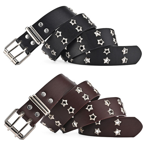 European and American Hollow Punk Casual Women's Belts with Fashion Star Eye Decorations, Double-Row Waist Belts for Women, Jeans Belts for Men