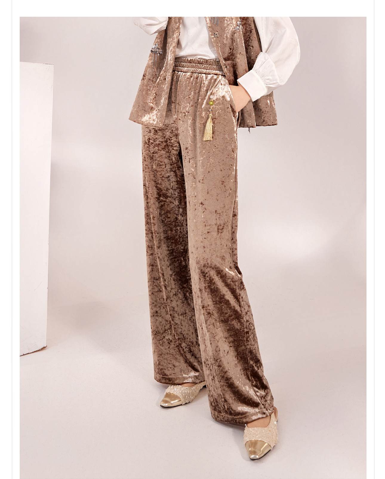 Quần ống rộng nhung lụa kiểu Trung Quốc mới, jacquard màu trơn, phong cách văn nghệ — Màu đen, Màu vàng, Màu hồng, Màu mơ chi tiết 11