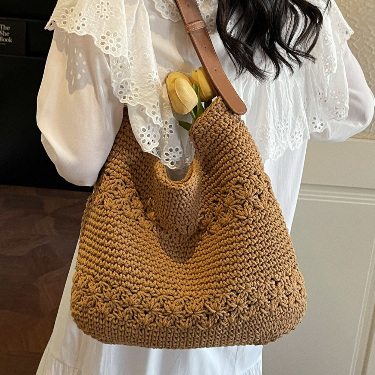 Vacation Style Woven Large Bag For Women 2026 New Korean Knit Simple Shoulder Bag High Capacity Casual Beach Bag - Thumbnail 4