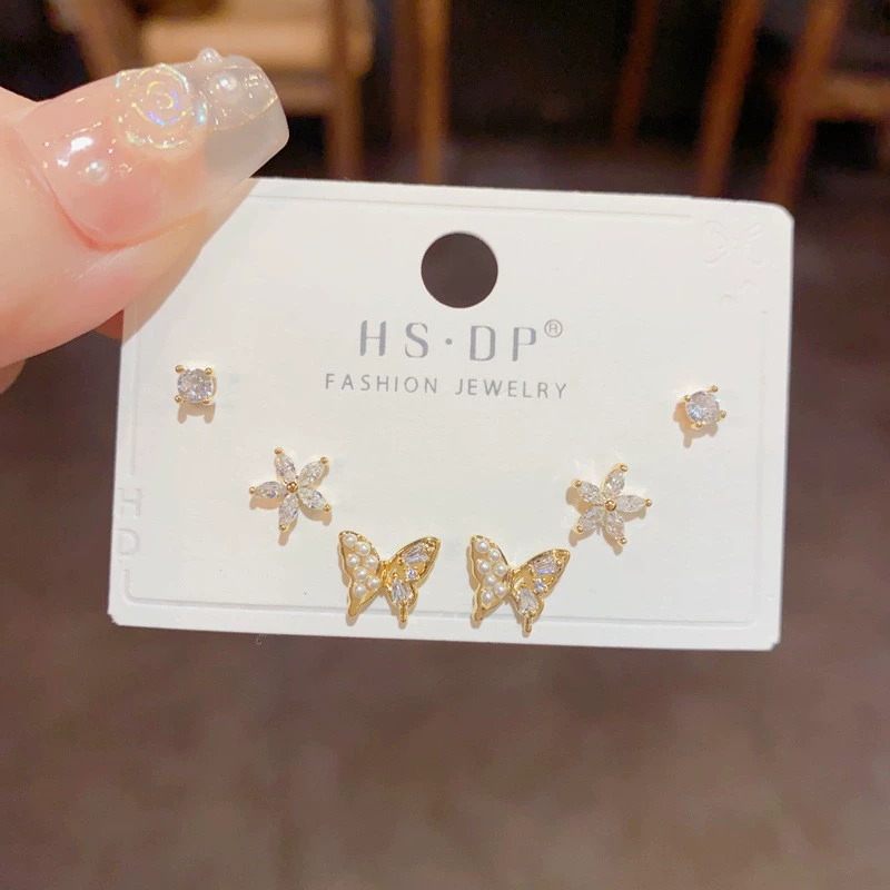 Серебряная игла, короткий цирконий, универсальные серьги, набор, образец серебра 925, микроинкрустация, японская и корейская стили, простой и элегантный дизайн, набор из 3 шт.