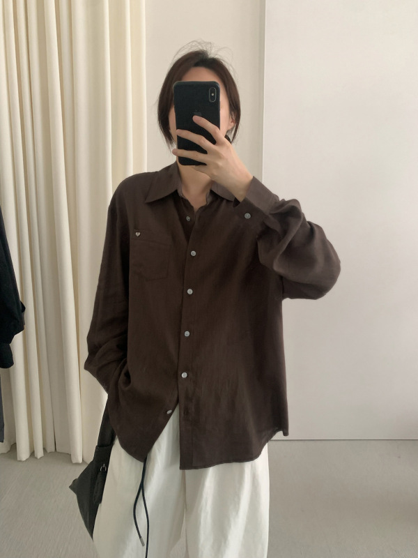 TG 经典款百搭翻领衬衫女2025秋季新款装饰扣宽松长袖薄上衣25742|undefined
