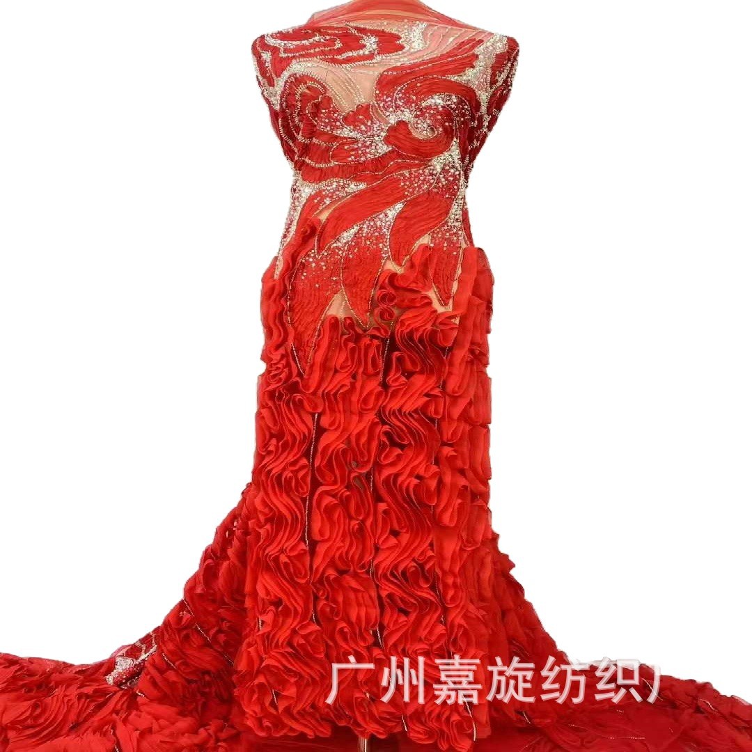 Tela bordada para vestido de novia con lentejuelas florales tridimensionales, encaje de malla transparente, estilo europeo y americano.