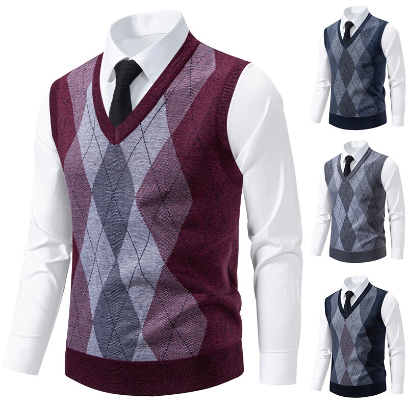 Cross-Border Autumn and Winter Foreign Trade Men's Slim Fit V-Neck Jacquard Pullover Knit Vest Large Size Casual Sweater Vest for Men Cross-Border Autumn and Winter Foreign Trade Men's Slim Fit V-Neck Jacquard Pullover Knit Vest Large Size Casual Sweater Vest for Men