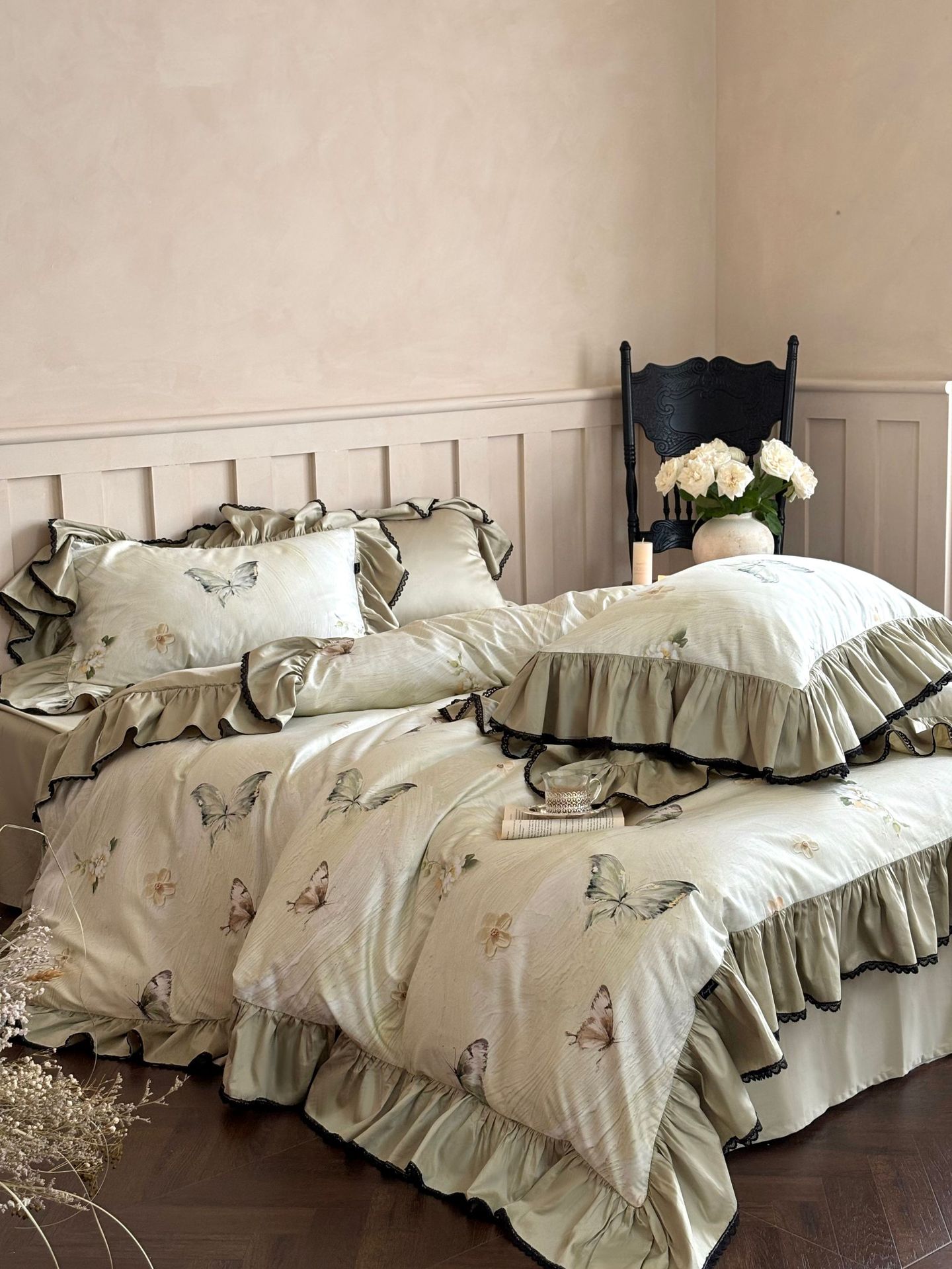Nordisk vintage boho påslakanset i ren bomull med spets_voghion.com