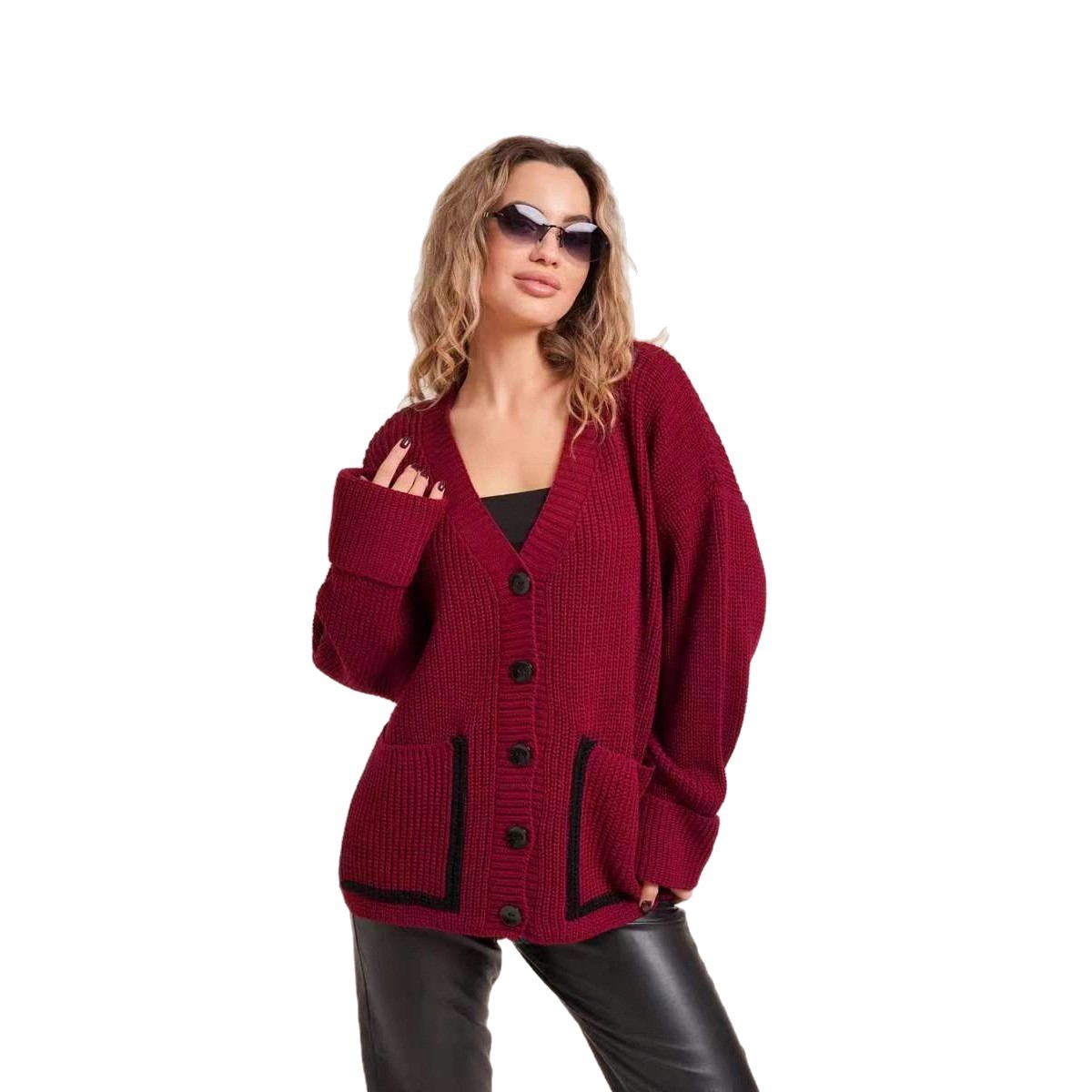 Bolsillo de comercio exterior transfronterizo color de punto Cardigan de mujer otoño invierno nuevo suéter de aguja gruesa de cuello en V image 6