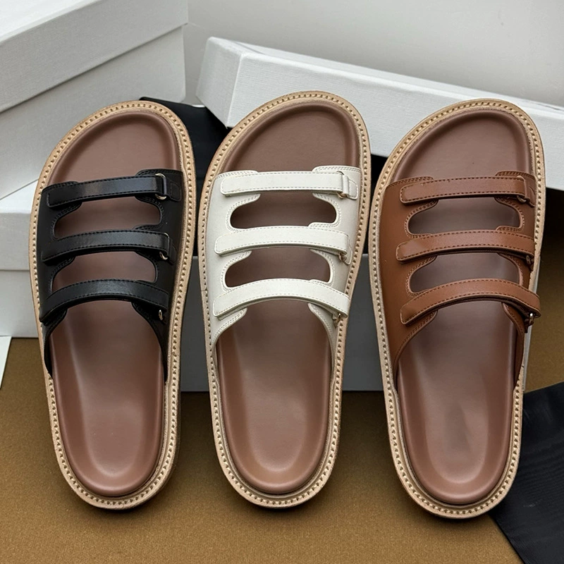 Summer universal slippers with velcro, genuine leather