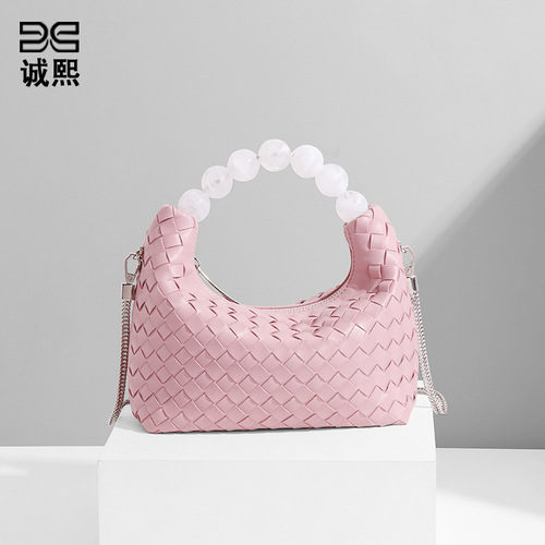 Women's niche, high-end, stylish, minimalist, and adorable handcrafted woven shoulder/crossbody bag—featuring a pearl-inspired cream puffs design.