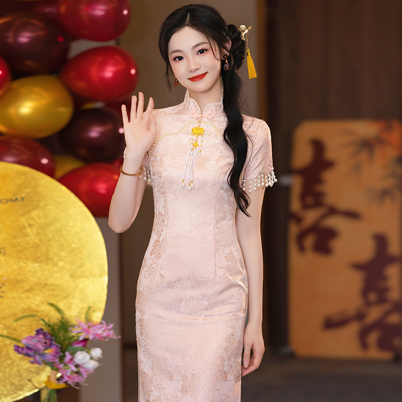 粉色立领新中式改良旗袍敬酒服小个子年轻款出阁嫁衣回门便装长款|undefined