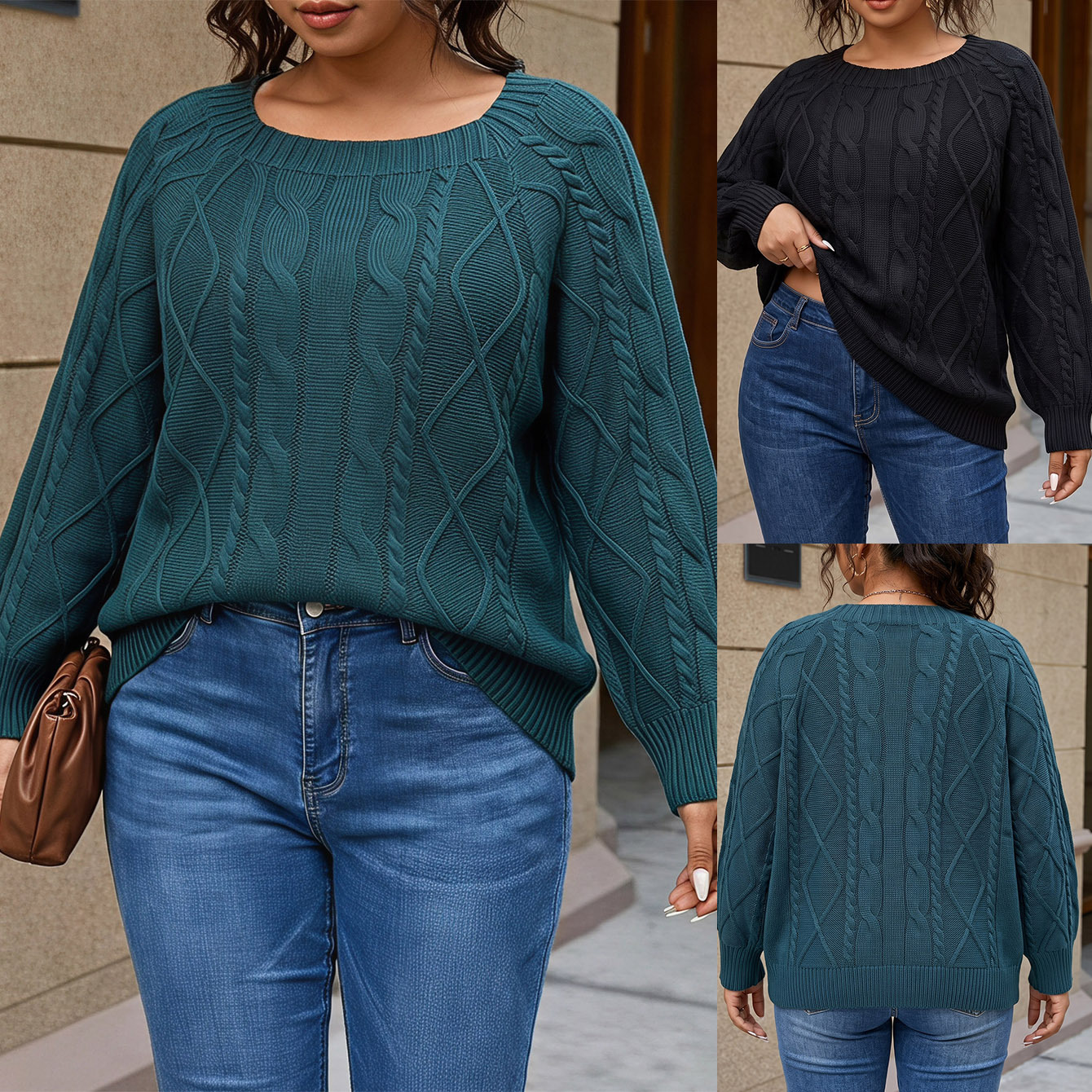 New European and American style plus-size women's square-neck pullover sweater with cable knit and jacquard design, casual knitted base top