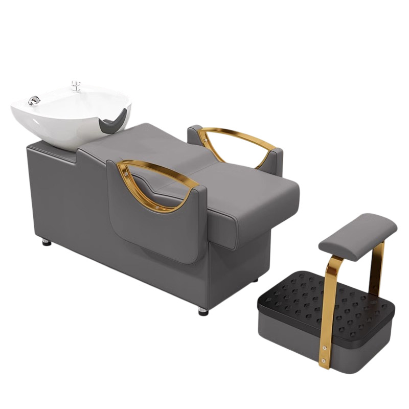 Peluquería Cama de champú Peluquería Masaje especial Terapia de cabeza Lavabo de cerámica Brazalanos de acero inoxidable Cama de champú de peluquería semi-reclinada