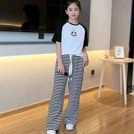 女中大童装夏季2025新款少女洋气笑脸短袖T恤条纹阔腿长裤套装