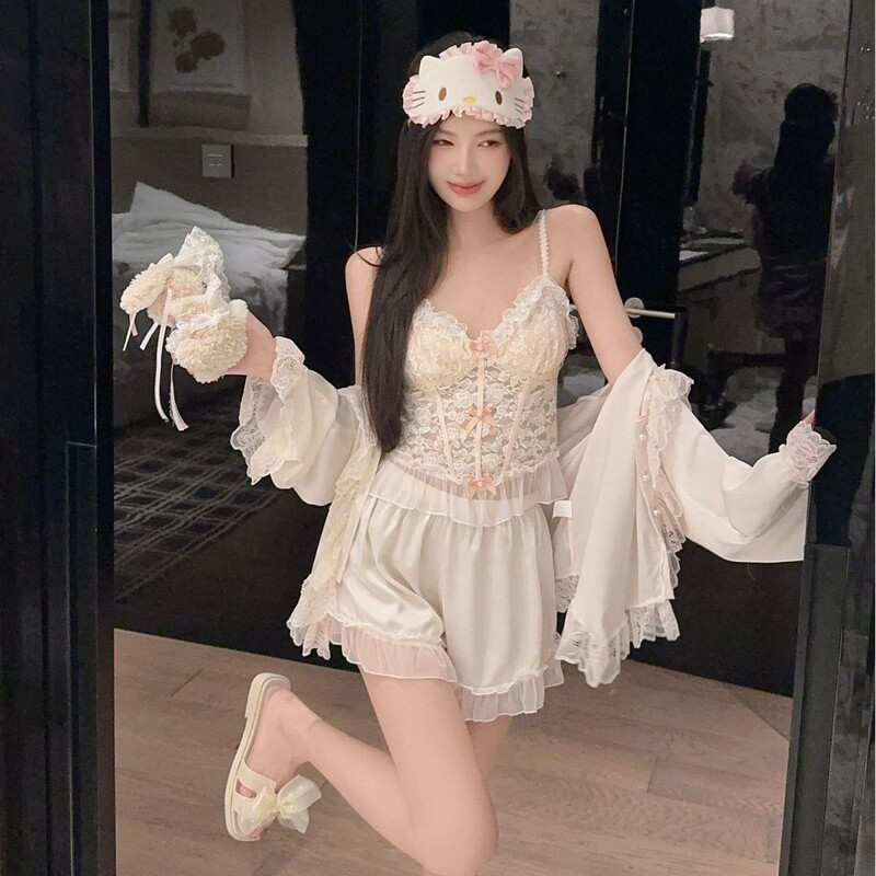 Original Ice Silk Pajamas for Women, Spring and Summer Four-Piece Set, Designer Style, Trendy Camisole and Shorts Loungewear Set, Sexy
